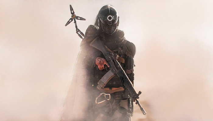 4K Death Stranding concept art of a soldier with a weapon