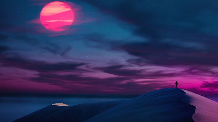 4K Desert Landscape with Pink Sun and Clouds