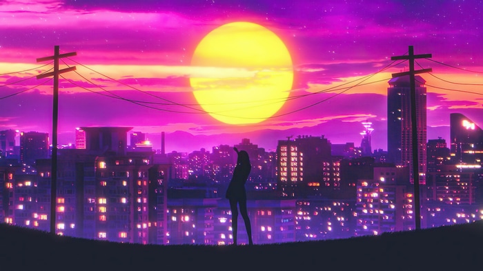 4K Cityscape with Silhouette and Purple Sunset Sky