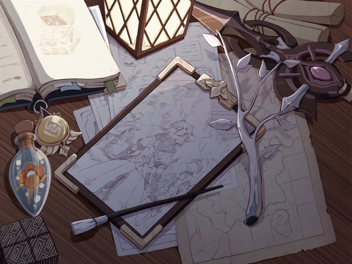 Genshin Impact Albedo's Desk with Drawings and Artifacts