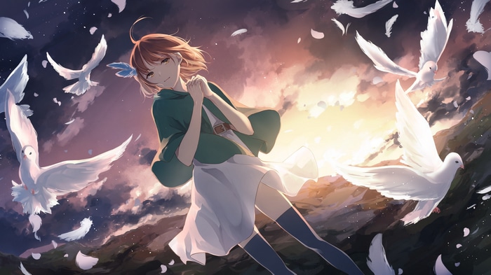 Anime girl with white birds against sunset sky