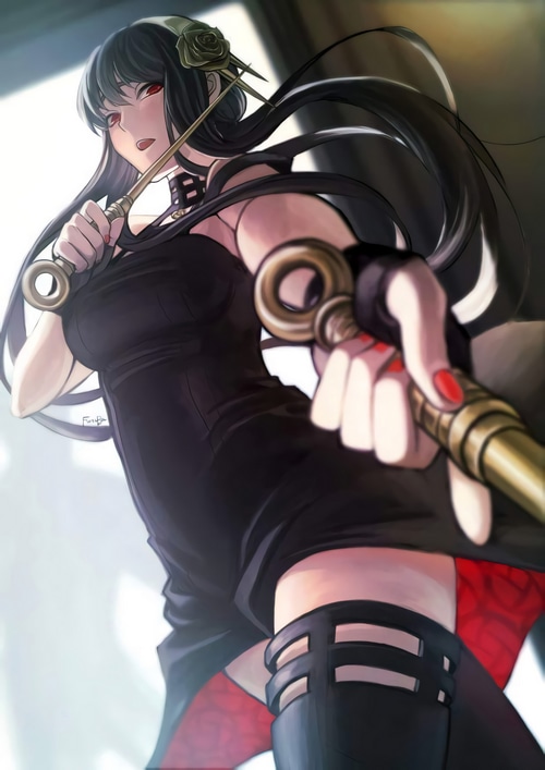 Yor Forger from Spy x Family holding weapons