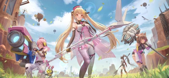 Anime girls with weapons in a futuristic landscape