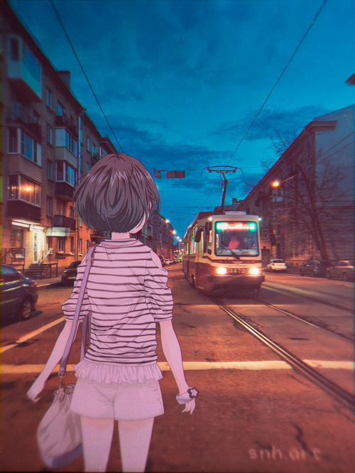 Anime girl walks towards a tram at dusk