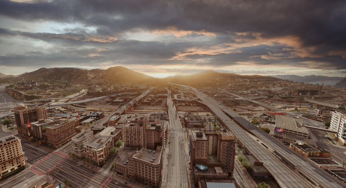 Grand Theft Auto V city at sunrise