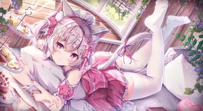 Cat girl in pink dress with sweets and white stockings