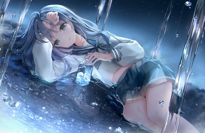 Girl in school uniform lying in water with a bottle