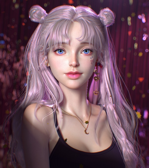 Woman with pink hair and blue eyes