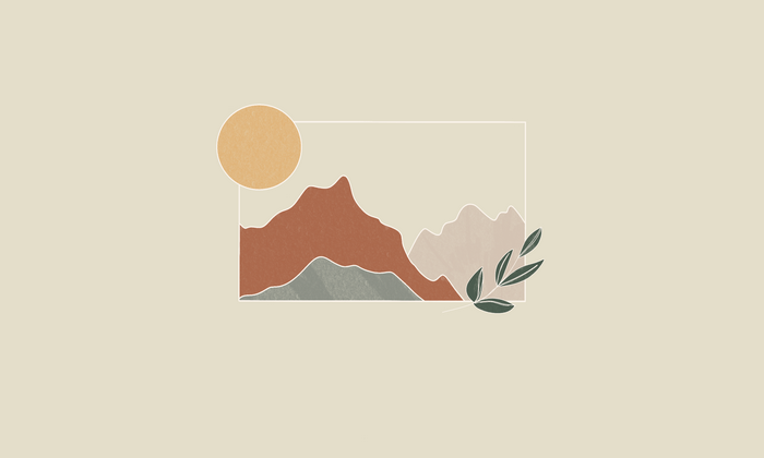 Minimalist mountain landscape with sun and leaves