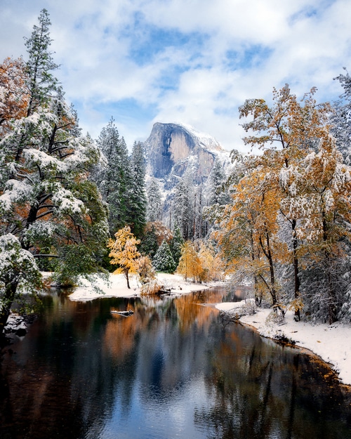 Snowy Yosemite National Park with Half Dome and River