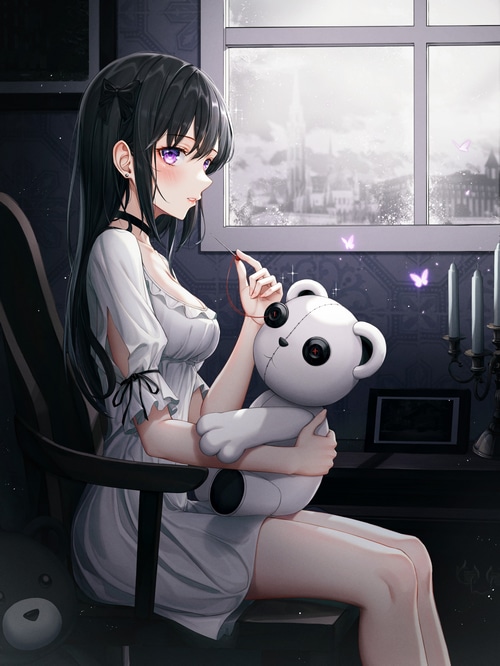 Girl sewing a teddy bear by the window