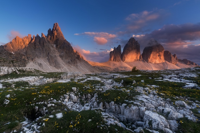Tre Cime di Lavaredo mountains at sunset