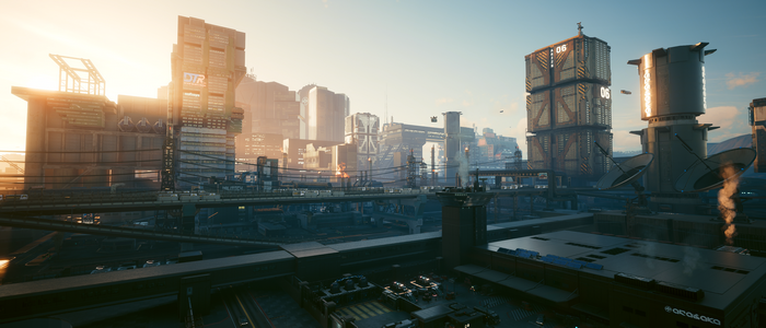 Cyberpunk 2077 cityscape at sunrise