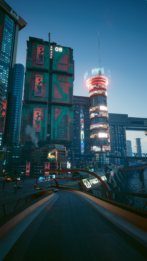 Cyberpunk 2077 Night City cityscape at dusk