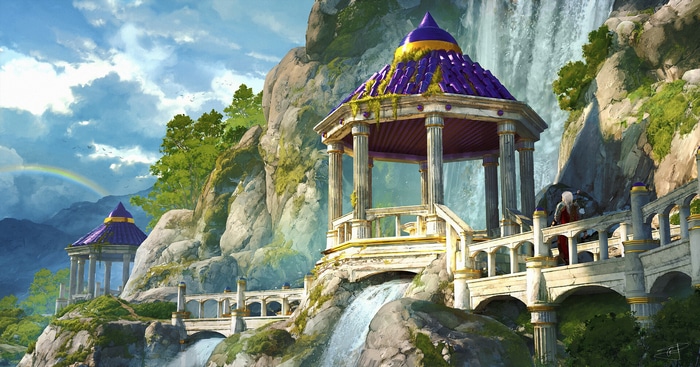 Fantasy landscape with waterfalls and gazebos