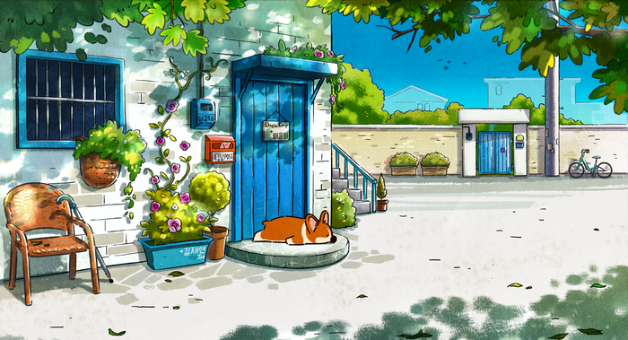 Anime illustration of a corgi sleeping by a blue door