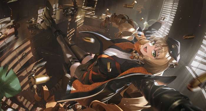 4K Arknights: Girl in combat gear with bullets flying