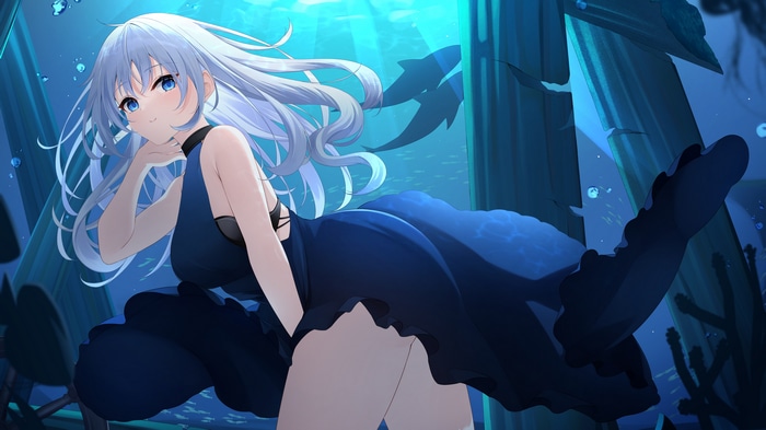 4K anime girl in a blue dress underwater