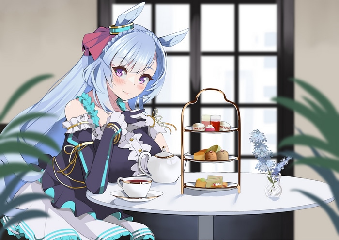 Mejiro Ardan enjoying tea with sweets