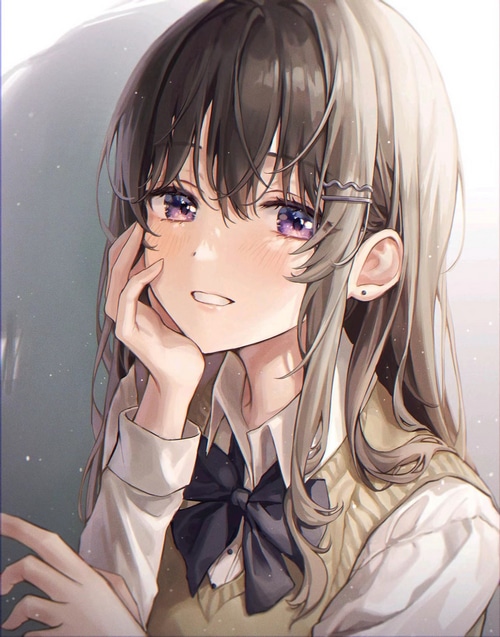 Aibek with purple eyes and dark hair in a school uniform