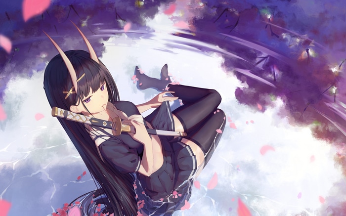 Noshiro (Azur Lane) with a sword and demon horns