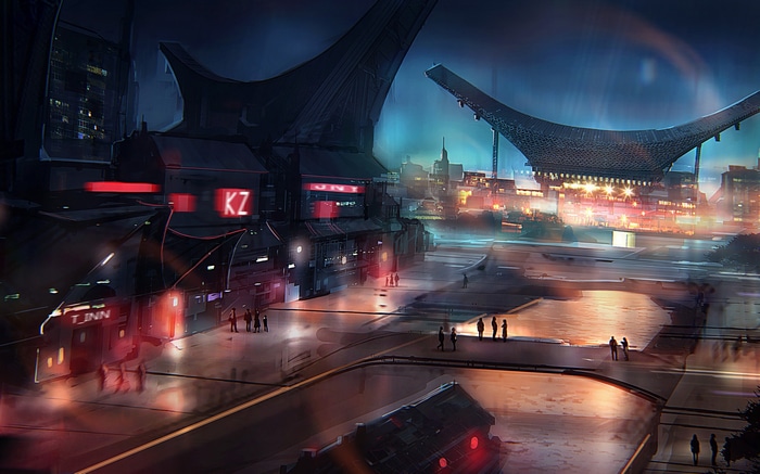 Futuristic city at night with glowing signs