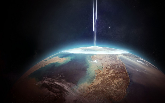 Earth from space with beams of light hitting it