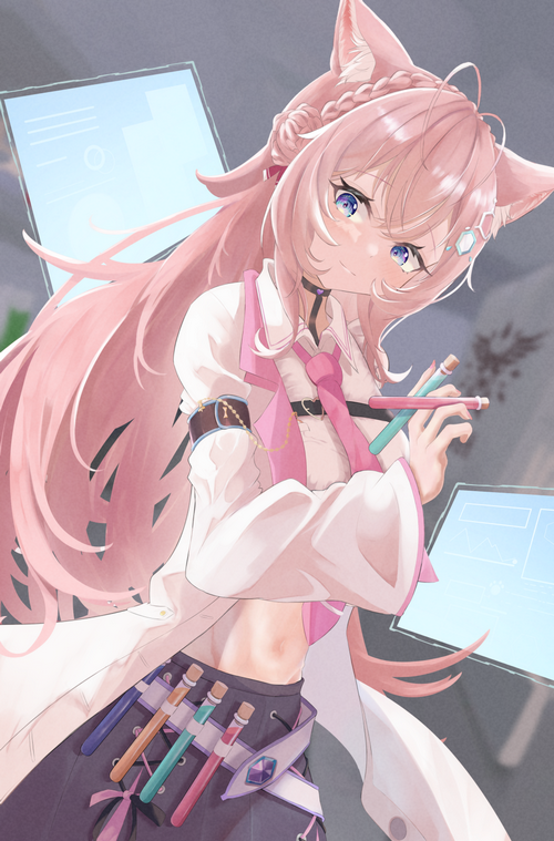 Hakui Koyori in lab coat with cat ears holding test tubes