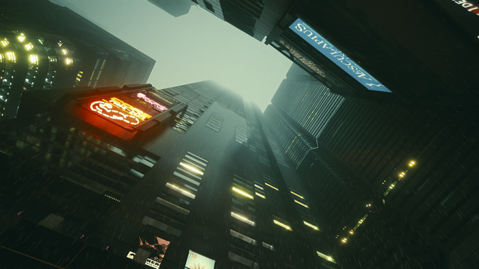 Cyberpunk 2077 neon signs on rainy city skyscrapers