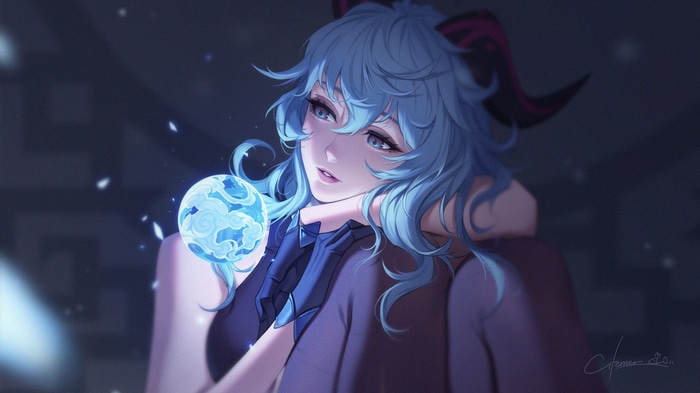Ganyu from Genshin Impact holding a blue orb