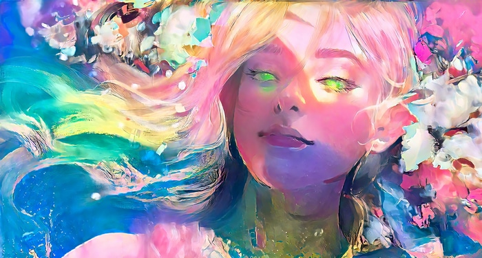 Fantasy girl with green eyes and colorful flowers