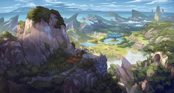 Fantasy landscape with ancient ruins and glowing symbols