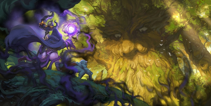 Fantasy art of a sorceress and a tree creature