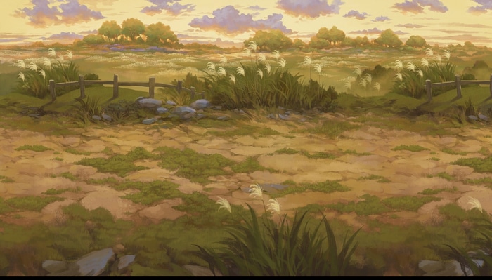 Artwork of a pastoral landscape at sunset