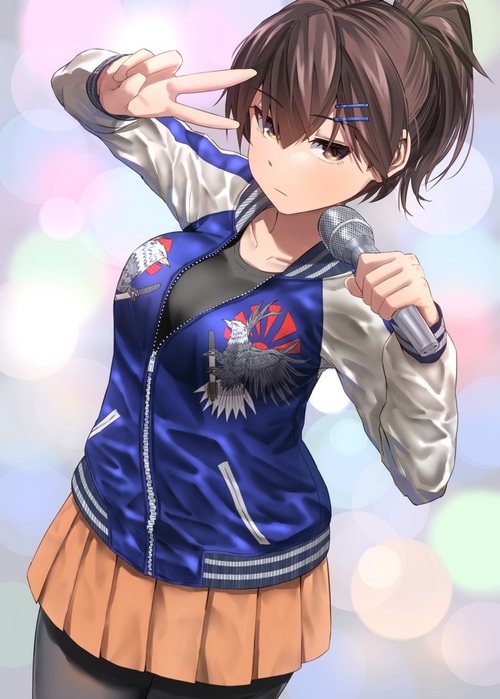 Kaga from Kantai Collection singing with a microphone