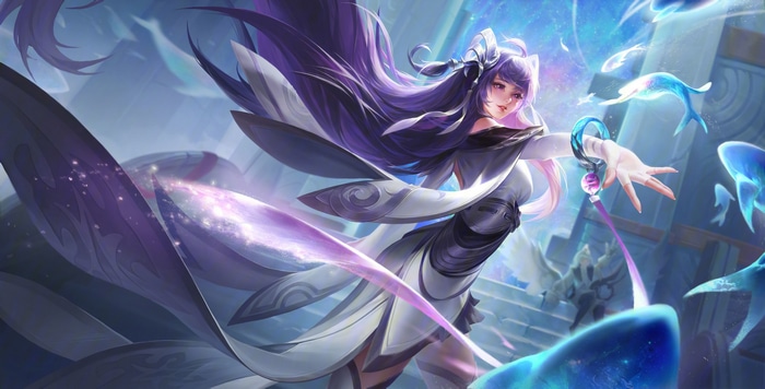 4K illustration of a woman with purple hair and fish
