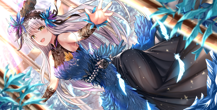 Anime girl with white hair and blue feathers