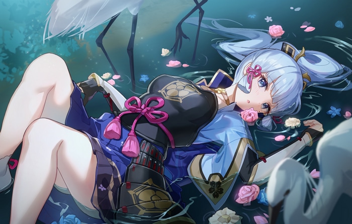 Kamisato Ayaka lying in water with cranes and flowers