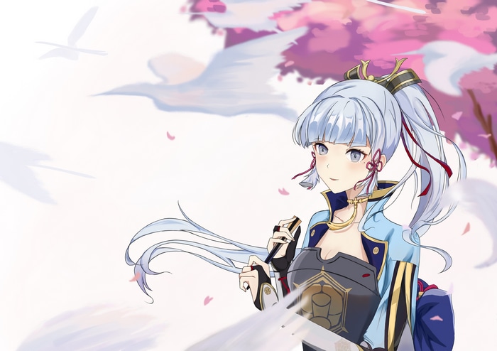 Kamisato Ayaka from Genshin Impact with birds and cherry blossoms