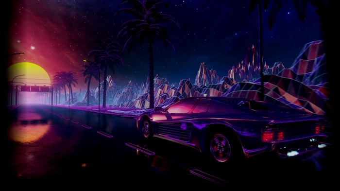 Synthwave car driving on a road at sunset with mountains and palm trees