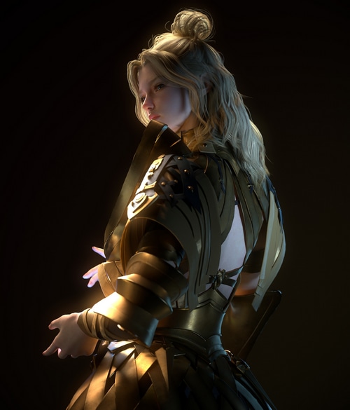 Fantasy girl in golden armor with blonde hair