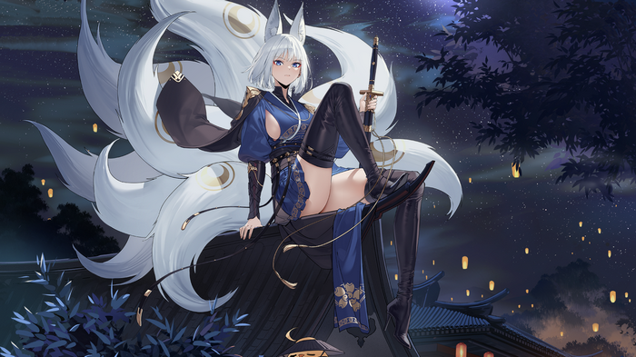 Kaga from Azur Lane with fox tails and sword