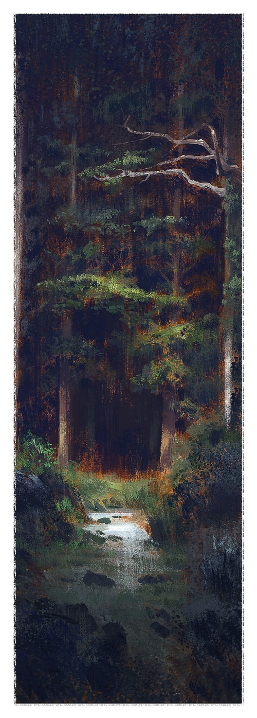 A painting of a forest with a stream