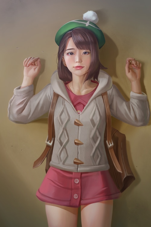 Gloria from Pokémon wearing a sweater and beret