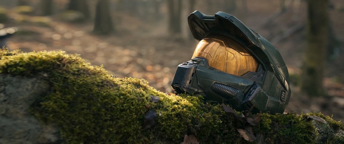 Master Chief's helmet in a forest