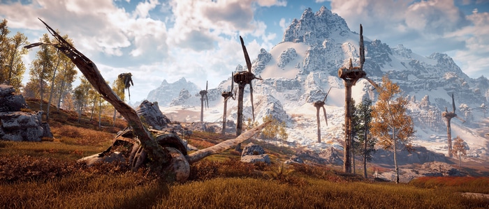 Horizon Zero Dawn wind turbines and snowy mountains
