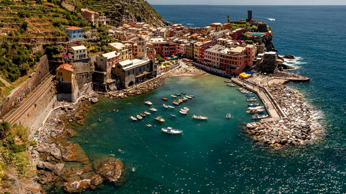 4K Vernazza, Cinque Terre Coastline with Boats and Pier