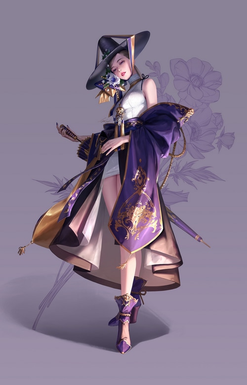 Fantasy art of a woman in a hat and purple kimono