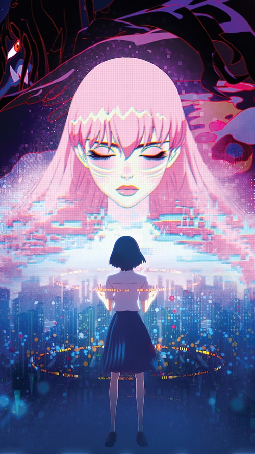Girl facing a giant digital woman and a dark entity