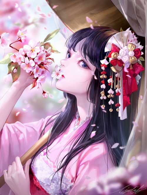 Fantasy girl with dark hair and cherry blossoms